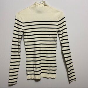 Attention Mock Neck Top Womens Sz Small Ribbed Knit Cotton Black White Stripe